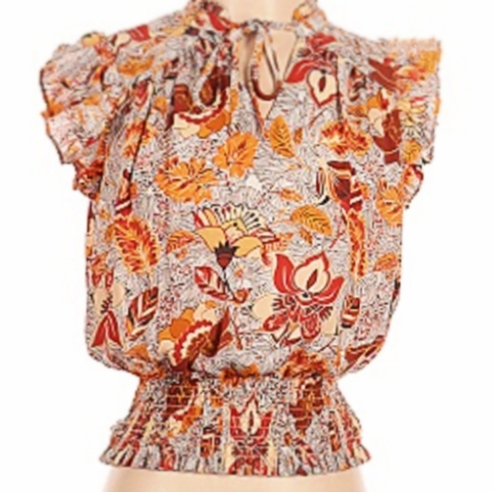 Rachel Zoe Flutter sleeve tie neck blouse, shirred waist, xsmall multicolor